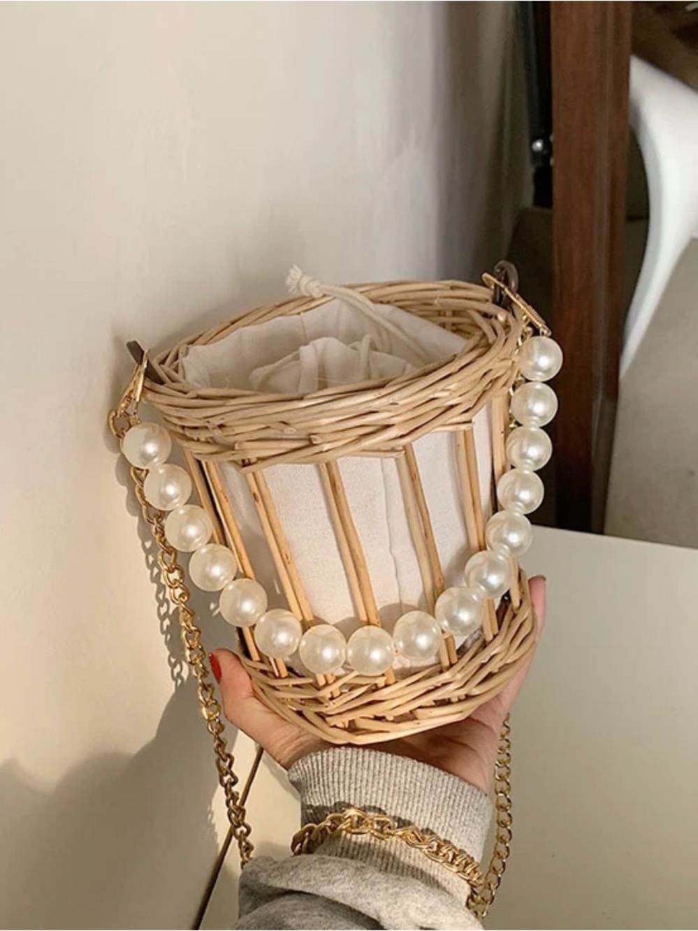 Woven Pearl-Accent Bucket Bag in Natural